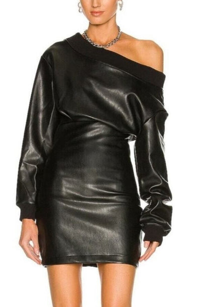 Fer Midi Women Casual Leather Dress Black Off Shoulder Party Wear