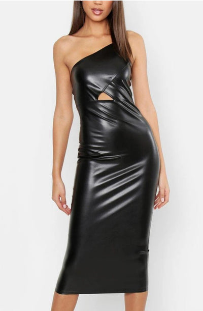 Vic Maxi Women Casual Leather Long Dress One Shoulder Party Wear